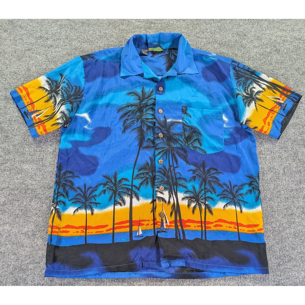 Roundy Bay Vintage 90's Mens Large Tropical Hawaiian Shirt Blue Russian made